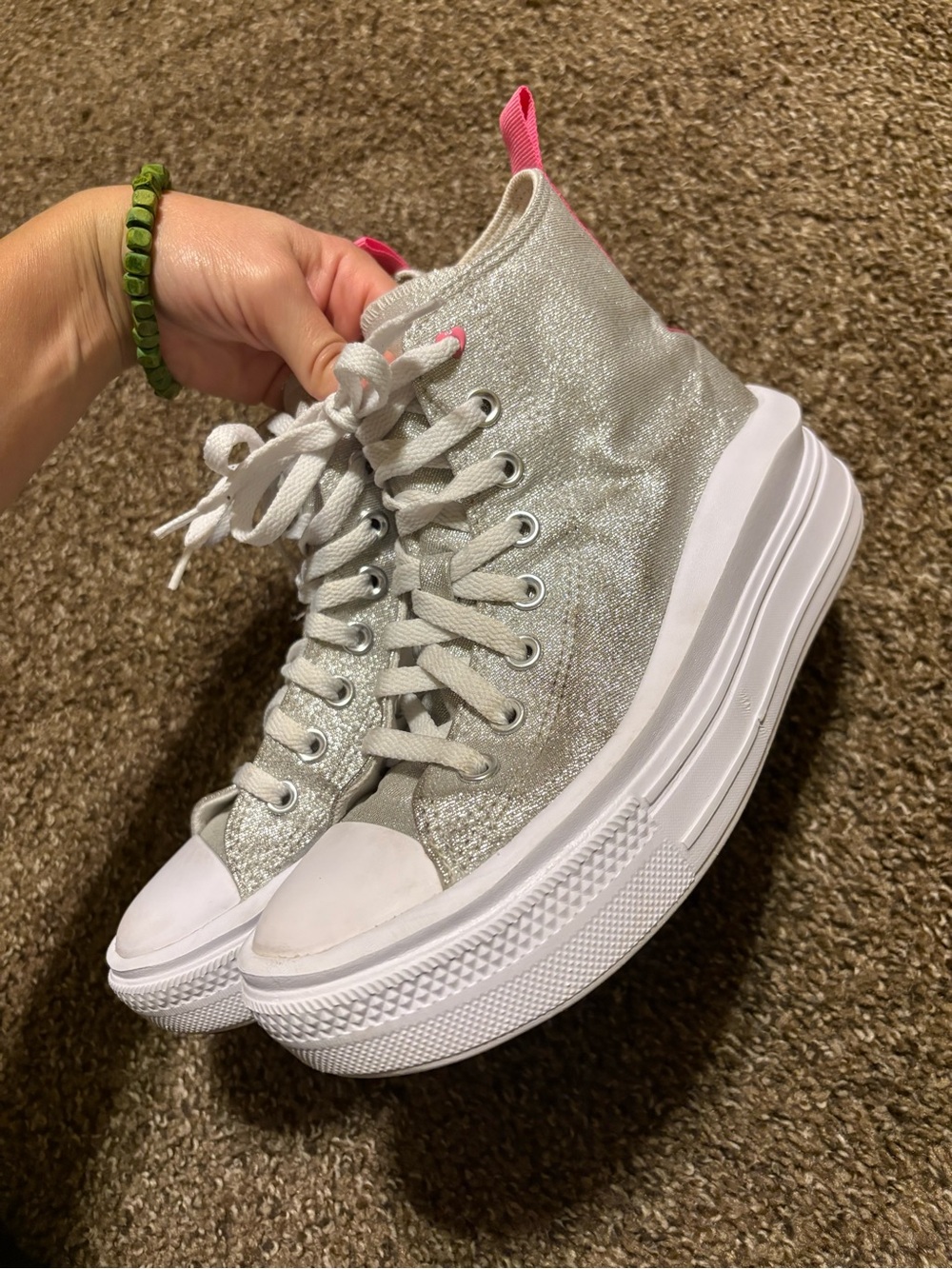 Converse Silver Glitter High-Top Platform Sneakers with Pink Pull Tab